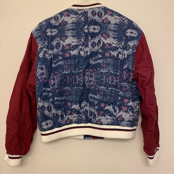 Free People varsity of dreams bomber jacket blue red cotton linen blend S - Picture 3 of 9